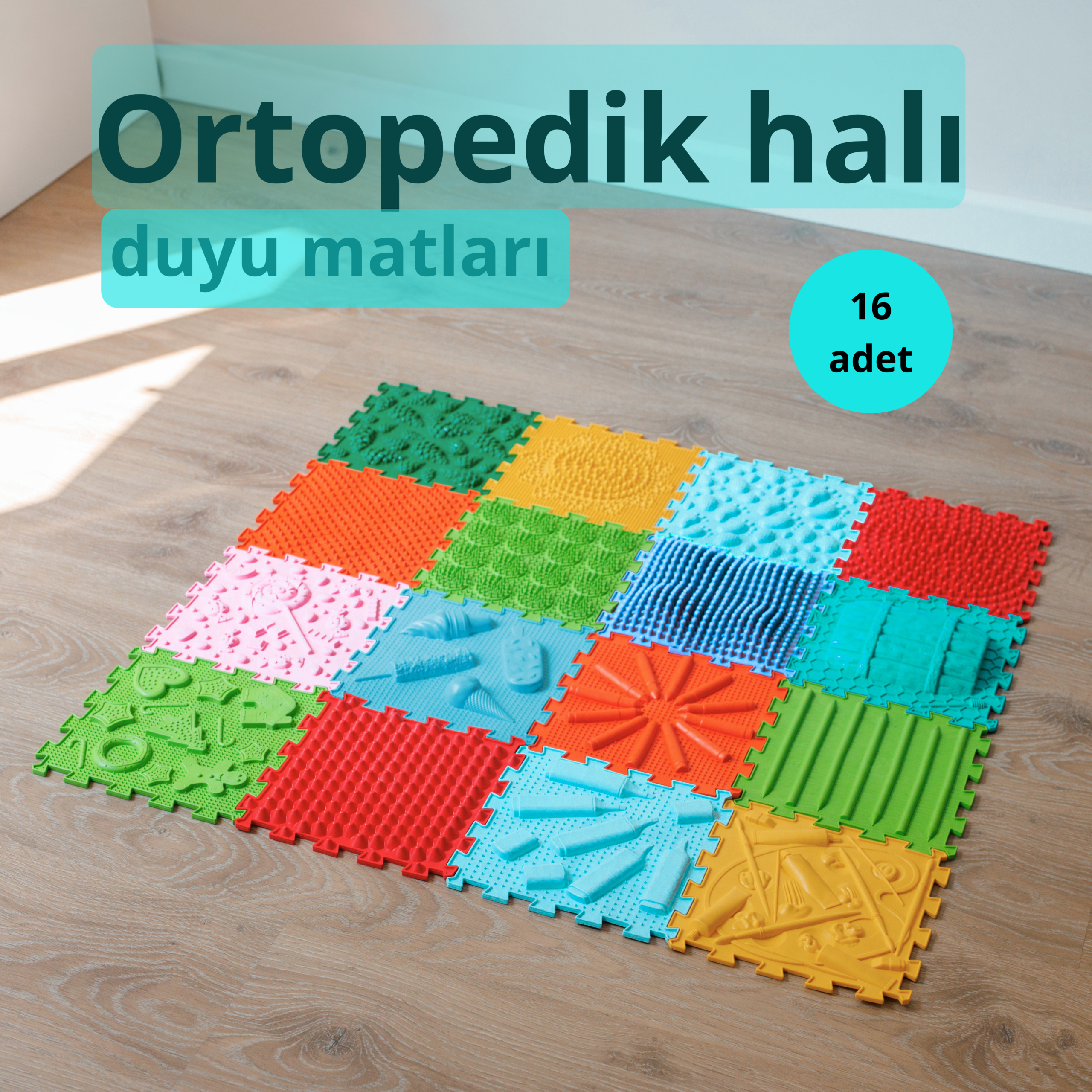 Ortopedik halı 16 modüllü renkli ortopedik duyu matı